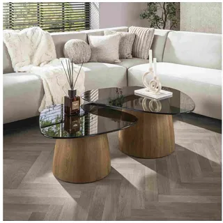 Feeling4Home Couchtisch Otin 2er-Set, Rauchglasplatten - Gestell in Eichenoptik, Dreieckig (2er-Set), Zeitloses Couchtisch-Set mit organischer Linienführung braun Dreieckig | 71 cm x 40 cm x 91 cm