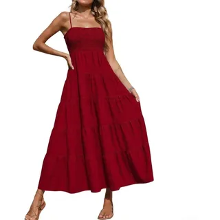 Damen ärmelloses gerüschtes gestuftes langes Kleid gesmoktes Bustier Sommerkleid eine Linie Ausschnitt rückenfrei elegant lässig Sommer Strand Party Maxikleid für heiße Mädchen (L Weinrot)