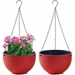 Youning Blumenampel Hängend Außen und Innen Kunststoff Hängetopf für Pflanzen 2 Stück Blumentopf Hängend Hängeampel mit Kette Selbstbewässerung Hängepflanztöpfe für Blume Decken Balkone Garten (Rot)