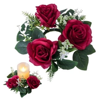 Kerzenringe 9 Zoll künstliche Rosenkerzenringe Kränze mit grünem Eukalyptus Blätter kleine Kerzenringe für Säule Hochzeit Herzstück Weihnachtskerzenringe rot