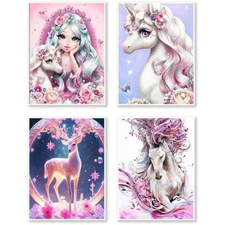 DCIDBEI 30 x 40 CM 4 Pack Diamond Painting Prinzessin, DIY Leinwand Diamant Hirsch mit Werkzeug, Puzzle Diamant Pferd für Kinder, Mosaik Kristall Kunst Dekoration für das Kinderzimmer