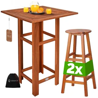 flivastore Casaria® Bartisch mit Hocker Set Outdoor Indoor Holz Akazie 110x75x75cm Wetterfest Rustikal Massiv Garten Balkon Terrasse Möbel Stehtisch 2x Barhocker