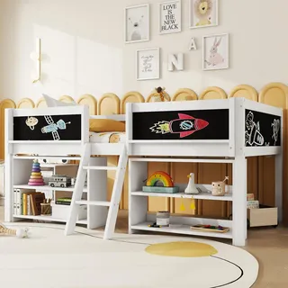 Merax Kinderbett 90x200 cm, Hochbett mit Stauraum und Rausfallschutz, Jugendbett mit Leiter, Bücherregal & Zeichentafel, Holzbett mit Lattenrost - Kiefer massivholz, ohne Matratze, weiß