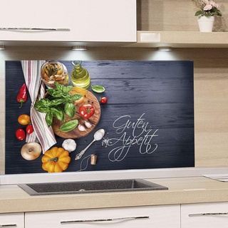 GRAZDesign Spritzschutz Küche Herd, Gemüse auf Holz, dunkelgrau mit Guten Appetit, Küchenrückwand aus Echtglas, Wandschutz Glasbild 4mm ESG Glas / 60x60cm