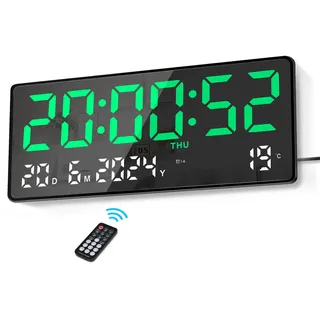 Lafocuse 15.5" Wanduhr Digital LED Groß Display, Digitale Wanduhr Tischuhr mit Fernbedienung, Großen Ziffern, Datum, Temperatur, Woche, Digitaluhr Modern für Wohnzimmer Schlafzimmer Büro Küche, Grün