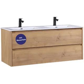 Kometmöbel Doppelwaschtisch 120 cm Waschbecken mit Unterschrank Vormontiert (Eiche 120cm, Mit Wasserhahn Schwarz)