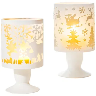 Kerzenhalter Weihnachtsdeko Innen, 2er Windlicht Weihnachten | Teelichthalter Weihnacht Deko, Modern Landhausstil Kerzenständer Weiß, für Adventsgesteck, Tisch Fenster Wohnzimmer
