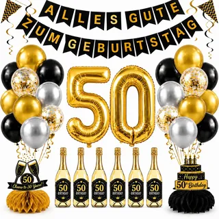 Deko 50 Geburtstag Mann, Deutsche Version, Schwarz-Gold Partydeko Set | 50. Geburtstag Deko mit Banner, Girlande, Luftballons, Tischdeko, Weinflaschenaufkleber, Gut für eine Geburtstagsüberraschung