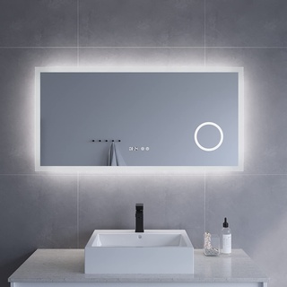 Badezimmerspiegel mit Licht Schminkspiegel Digital Uhr 120x60 cm Badspiegel mit LED Beleuchtung Kaltweiß für Wandschalter Licht Spiegel für Badezimmer Antibeschlag Wandspiegel Touch Sensor Dimmbar