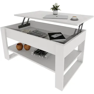 möbelkap Couchtisch mit anhebbarer Platte | Höhenverstellbarer Wohnzimmertisch mit Stauraum | Weißer Sofatisch modern mit Ablage & verstecktem Fach – Coffee Table für Wohnzimmer & Büro