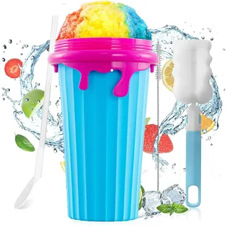 Slush Becher, 500ml Slush Eis Maker für Kinder, Silikon Squeeze Cup, Quick Frozen Slushie Maker, Slushy Maker mit 2 IN 1 Strohhalm/Löffel, Slushy Becher zum Kneten für DIY Cola, Saft (Blau)