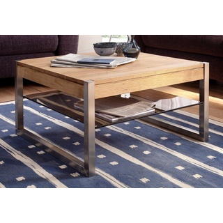MCA furniture Couchtisch Migel (Wohnzimmertisch Asteiche massiv und Edelstahl, mit Ablage), quadratisch