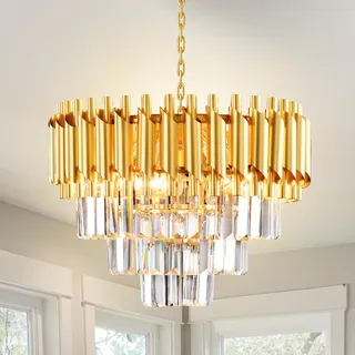 Moderne Kristall Kronleuchter, 15.7" Schwarz Gold Pendelleuchte, 3-Tier Raindrop Chandelier Light Fixture, Rund Kristall Hängeleuchte für Wohnzimmer, Esszimmer, Schlafzimmer, Restaurant