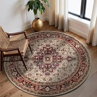Nyescasa Boho Teppich Rund Vintage Waschbar Wohnzimmerteppich Orientalischer Bedruckt Kurzflorteppich Rund 80cm Flauschig Weich Runder Teppich für Schlafzimmer Wohnzimmer Esszimmer Küche Innen