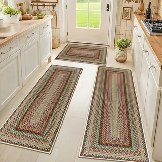 HEBE Waschbare Küchenteppiche, 3er-Set, rutschfest, saugfähig, Küchenteppiche und Matten, Bauernhaus, schmutzabweisend, Kunst-Jute, Küchenmatte, Teppichläufer für Küche, Boden, Waschküche, Flur