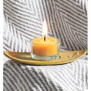 tea4chill Teelicht mit Kerzenhalter aus Glas und Metall, Bienenwachskerze, Teelicht 35x18mm aus 100% Bienenwachs. Teelichthalter aus Glas mit Kerzenteller oval, gelb, aus Gusseisen.