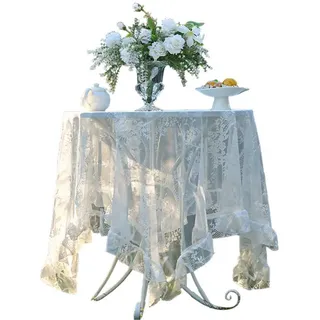 Refttenw Tischdecke Vintage Stickerei Elegante Blume Runde Spitze Tischdecke mit Rüschen weiß 140 cm x 240 cm