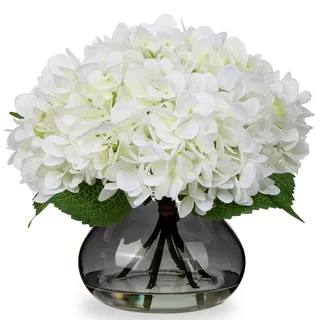 Kunsthortensie - Kunstblumenarrangement mit 4 Köpfen - Künstliche Blumen in Glasvase - Faux Wasser - Seide - Natürlich aussehend und ungiftig - ...