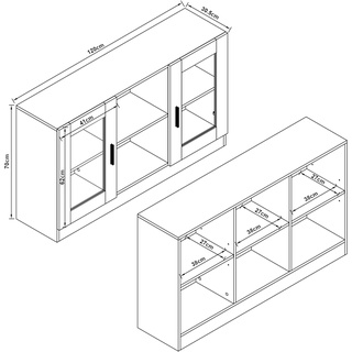 [en.casa] Sideboard Spøttrup mit Glastüren 120x30,5x70cm Weiß