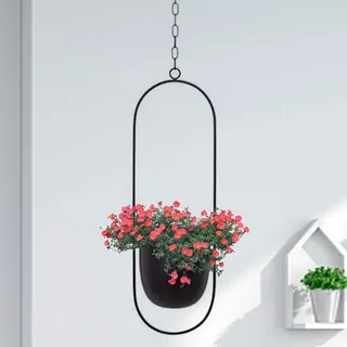 ARSBORUI Hängend Blumenampel Metall Blumentopf Schwarz Pflanzenampel Modern Deko Hängeblumentopf Hängeampel für Innen Außen Decken Balkone Wanddekoration (Oval)