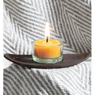 tea4chill Teelicht mit Kerzenhalter aus Glas und Metall, Bienenwachskerze, Teelicht 35x18mm aus 100% Bienenwachs. Teelichthalter aus Glas mit Kerzenteller oval schwarz-Gold aus Gusseisen.