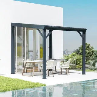Domi Wandmontierter Pavillon, 3 x 3 m, Terrassenüberdachung mit eingebautem Entwässerungssystem, verzinktem Stahldach, Hardtop-Terrassenunterstand für Deck, Veranda, Hinterhof und mehr, Grau