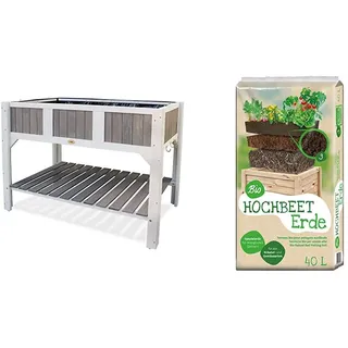 Habau Klara Hochbeet, weiß/grau & Universal Bio Hochbeet-Erde 40 Liter