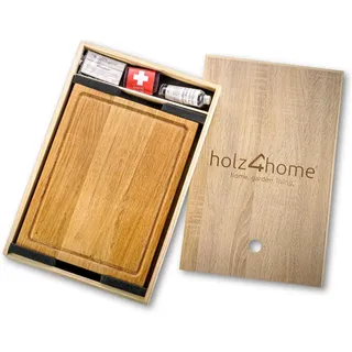 Holz4home Schneidebrett Set Alina Aus massiver Eiche in Geschenkbox mit Pflegeutensilien | Handgearbeitet, Schnittfest und Antibakteriell | Echtholz | Massivholz Zum Zubereiten Und Servieren