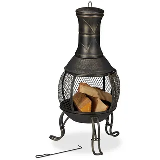 Relaxdays Terrassenofen, Stahl & Gusseisen, HxD: 88x36 cm, Gartenkamin Funkenschutz, Chiminea, Aztekenofen, schwarz/Gold