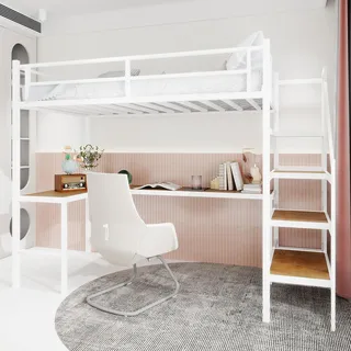 Hochbett mit Schreibtisch 90x200 cm, Stabiles Etagenbett aus Metall für Kinder und Jugendliche, Jugendbett mit Rausfallschutz und Leiter, L-förmiger Tisch, Platzsparendes Loftbett (Weiß, Stil A)