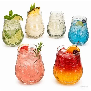MamboCat Cocktailglas 6er Set Tiki Cocktailgläser Trinkgläser mit Tiki Dekor Longdrinkglas, Glas weiß