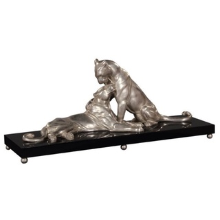 Casa Padrino Luxus Deko Bronzefiguren mit Holzsockel 2 Tiger Silber / Schwarz 83 x 23 x H. 34 cm - Luxus Qualität