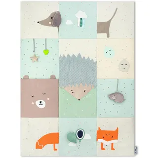 Momi Sensorische Patchwork-Matte VOLPI für Babys und Kleinkinder 120 x 160 cm, Spielmatte und Krabbeldecke für Mädchen und Jungen, faltbar zu einer Tasche mit Tragegriffen