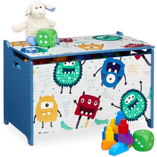 Relaxdays Spielzeugtruhe, Monster-Design, Spielzeugkiste mit Deckel, HBT: 39x60x36,5 cm, MDF, Spielzeugbox, blau/weiß