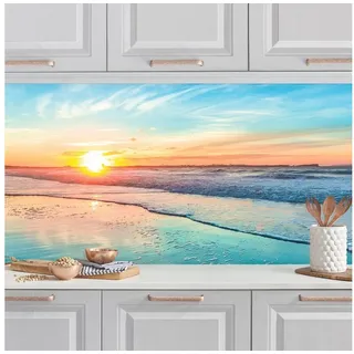 Bilderdepot24 Küchenrückwand türkis dekor Natur Strand Meer Romantischer Sonnenuntergang am Meer, (1-tlg., Nischenrückwand - für Fliesenspiegel ohne Bohren - matt), Spritzschutz Rückwand Küche Herd - Folie selbstklebend versch. Größen grün 140 cm x 40 cm