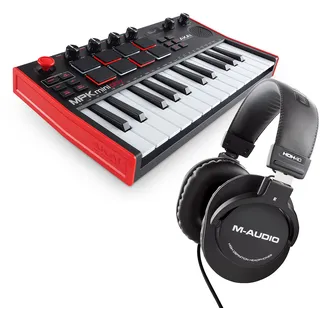 AKAI Professional MPK Mini Play MK3 und M-Audio HDH40 - MIDI Keyboard Controller mit eingebautem Lautsprecher und Sounds und Over-Ear Studiokopfhörer