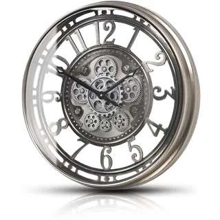 Samilito Wanduhr groß 53,5 cm mit beweglichen Zahnrädern, Industrial Steampunk Vintage Metall-Uhr, Arabische Ziffern, Silber, leises Quarzwerk, Deko für Wohnzimmer, Küche, Büro