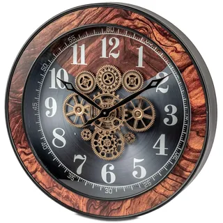 formano XXL Wanduhr antik Zahnräder 58x58cm Metall, goldene drehende Zahnräder Wurzelholz-Dekor, batteriebetrieben, Vintage Design, edle Uhr für Wohnzimmer, sichtbare Mechanik