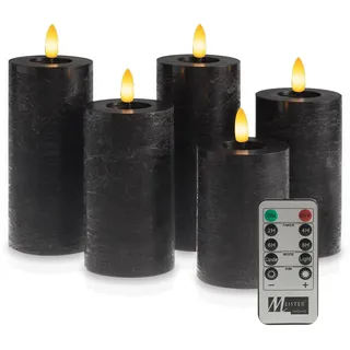 Meisterhome® LED-Kerzen 5er-Set Flammenlos Schwarz – Ø7 cm, Höhen 10/12,5/15 cm – Stumpenkerzen mit Fernbedienung & Timer – warmweißes Licht – flackernde Flamme – Rustik-Design – batteriebetrieben