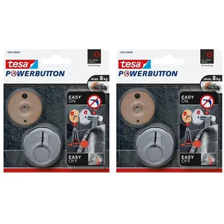tesa Powerbutton Haken Universal LARGE aus verchromtem Metall - selbstklebender Badhaken, runde Form - Handtuchhaken für das Bad - belastbar bis 8 kg (Packung mit 2)