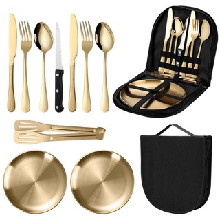 XDeer Besteck-Set Tragbare Besteck-Set Picknicktasche,Camping Besteck Küchenhelfer Set, 2 Personen,Tellerlöffel/Gabel für Outdoor Wandern Camping Wandern goldfarben