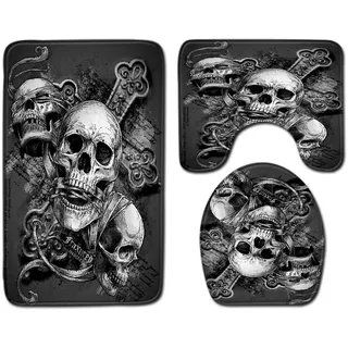 kewing 3-teilige Badteppich und Mattensets mit Totenkopf Print, U-förmige Toiletten Bodenmatte, rutschfeste Badezimmer Fußmatten Teppiche, Toilettensitzbezug