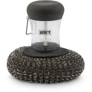 Weber Plancha-Spülbürste mit Metallschwamm/Reinigungswerkzeug zur Entfernung von hartnäckigem Fett und Speiseresten von Plancha-Grillplatten, Griff mit integriertem Seifenspender und Metallschwamm