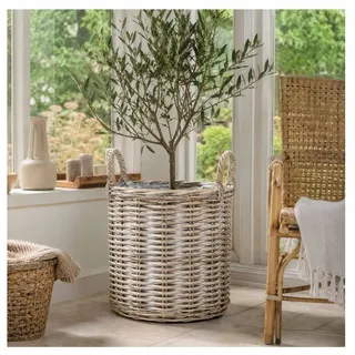 LebensWohnArt Dekokorb Natur Rattankorb BAKUL rund White Wash 40cm Pflanzkorb Inlay Griffe
