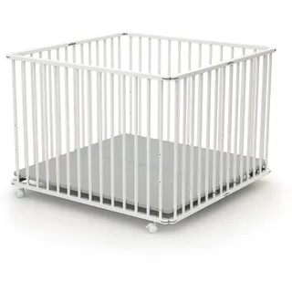 WEBABY - Laufstall Baby Faltbar Holz mit rollen und matte 100x100 Weiß | Laufgitter baby Klappbar XXL| 3 Stufen Höhenverstellbar | Für Kinder bis 24 Monate