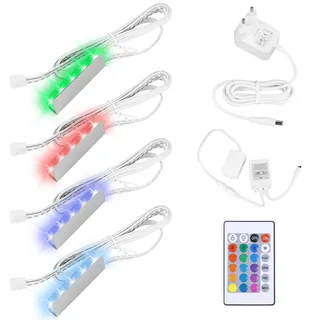 Vitrinenbeleuchtung 4er Set, LED Glasbodenbeleuchtung Inklusive 12V Netzteil mit Clip RGB Fernfarbwechsel, Glaskantenbeleuchtung für Vitrine, Tisch und Regal, Dimmbare Beleuchtung