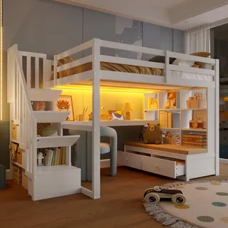 BTM Hochbett 140x200 mit Schreibtisch, Regal, Holz Hochbett mit Schubladen, Stauraumtreppe, Kinderhochbett mit Treppe, Weiß