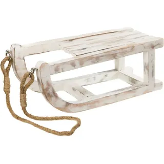Deko Holz Schlitten In Shabby Weiß - 40 Cm - Aus Mango Holz Mit Sisal Seil