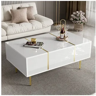 STILVORA Sideboard Hochglanz-Couchtisch mit Stauraum Beistelltisch mit Metallstreifen (Wohnzimmertisch, Beistelltisch, 1 St., 2 Schubladen), mit Hochglanz-Design, Stauraum, 100*60 B*41.5cm weiß