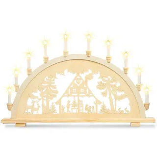 SIKORA Schwibbogen LB57-10 XL Lichterbogen Motiv Waldhaus mit 10 Kerzen B:71cm, Innen Deko mit LED Beleuchtung und klassischem Weihnachtsmotiv
